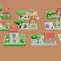 Miniature Cartoon Style Small Houses with Various Colored Roofs Green Trees Cars and Benches