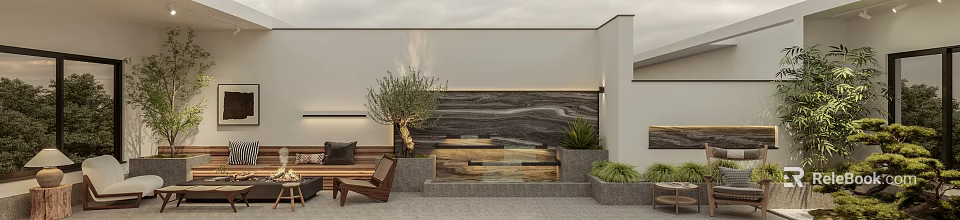 Modern Rooftop Garden With Plants Water Feature And Lounge Chair 3d model 