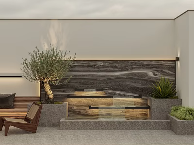 Modern Rooftop Garden With Plants Water Feature And Lounge Chair 3d model