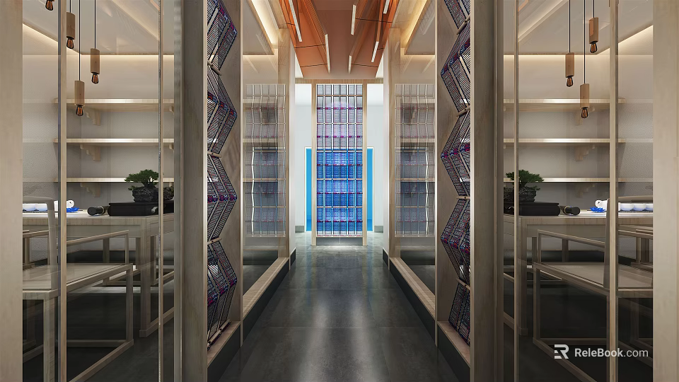 Modern Elevator Hallway With Glass Partitions Display Shelves And Dark Flooring 3d model 