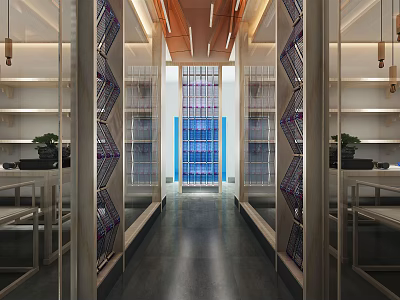 Modern Elevator Hallway With Glass Partitions Display Shelves And Dark Flooring 3d model