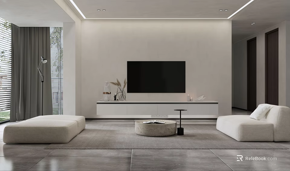 Modern Living Room Interior Design With White Walls TV Stand Sofa And Rug 3d model 