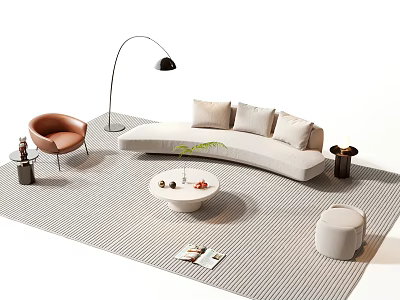 Modern Curved Sofa and Round Coffee Table Set With Accent Chair Striped Rug 3d model