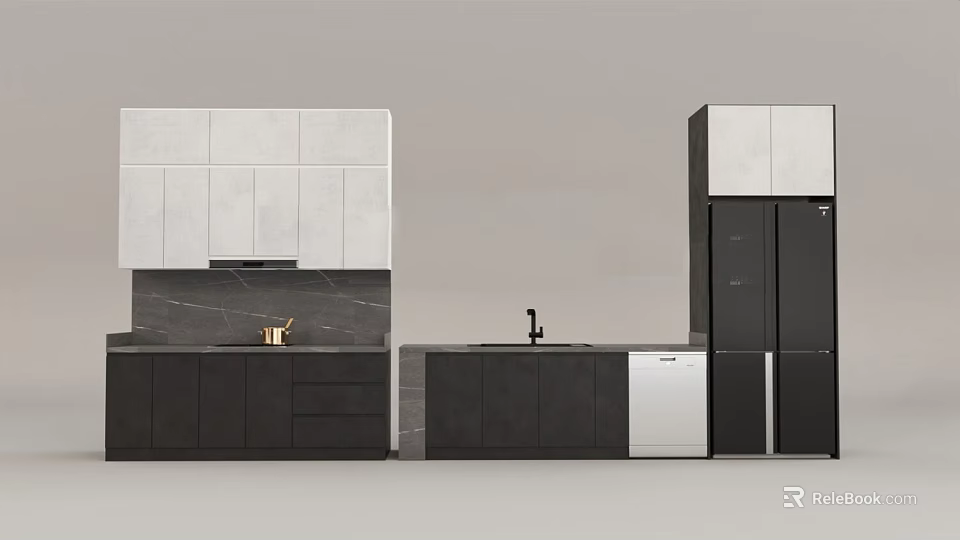 Modern Black And White Kitchen Cabinets With Marble Countertop Sink And Refrigerator 3d model 