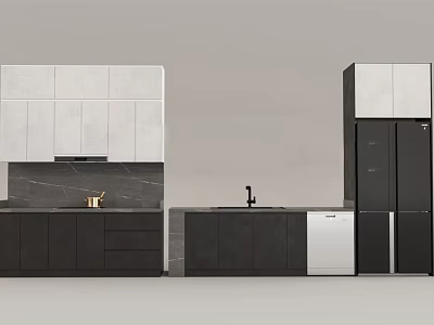Modern Black And White Kitchen Cabinets With Marble Countertop Sink And Refrigerator 3d model
