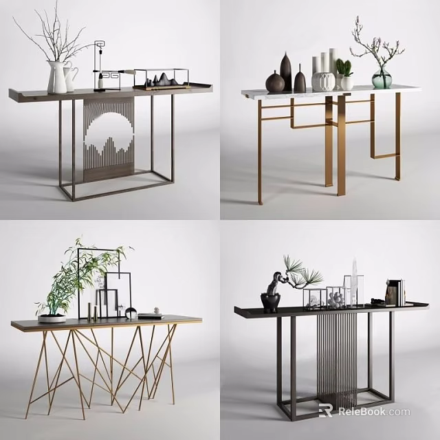 Modern Stylish Console Table Designs Featuring Metal Frames Green Plants And Decorative Ornaments 3d model 