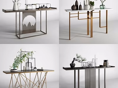 Modern Stylish Console Table Designs Featuring Metal Frames Green Plants And Decorative Ornaments 3d model