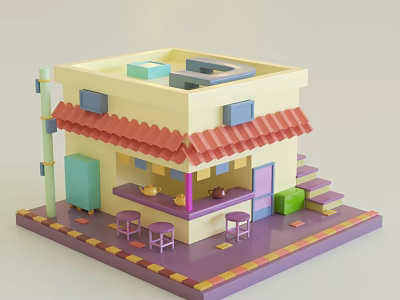 Cartoon Style Shop Scene With Red Tiled Roof Yellow Walls Purple Ground And Small Tables 3d model
