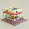 Cartoon Style Shop Scene With Red Tiled Roof Yellow Walls Purple Ground And Small Tables