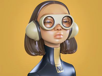 Female Sculpture with Goggles Earmuffs Brown Short Hair Black Tight Suit Golden Decoration Yellow Background 3d model