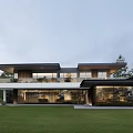 Modern Detached House Exterior With Large Glass Windows Green Lawn And Two Story Design