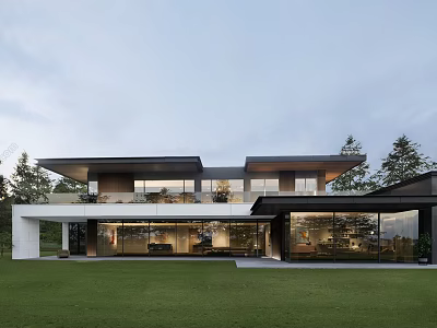 Modern Detached House Exterior With Large Glass Windows Green Lawn And Two Story Design 3d model