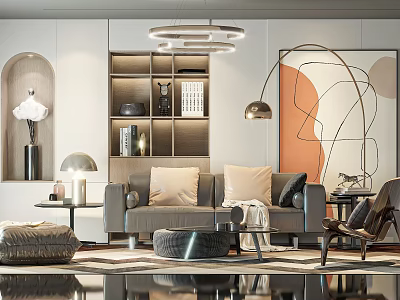 Modern Living Room Interior With Grey Sofa Pillows Round Coffee Table Abstract Painting Bookshelf Chandelier 3d model