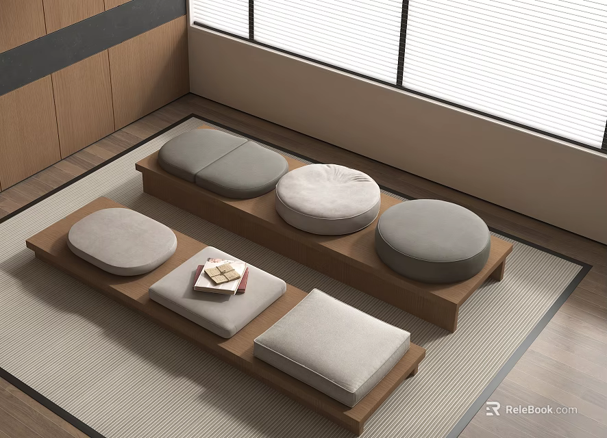 Japanese Style Room Wooden Platform With Round And Square Cushions Small Tea Table 3d model 