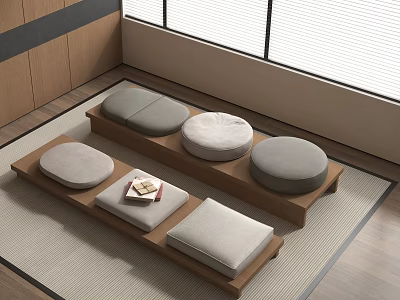 Japanese Style Room Wooden Platform With Round And Square Cushions Small Tea Table 3d model