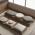 Japanese Style Room Wooden Platform With Round And Square Cushions Small Tea Table