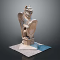 Stone Statue of Winged Mythical Beast Holding Shield on Pedestal Base