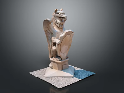 Stone Statue of Winged Mythical Beast Holding Shield on Pedestal Base 3d model
