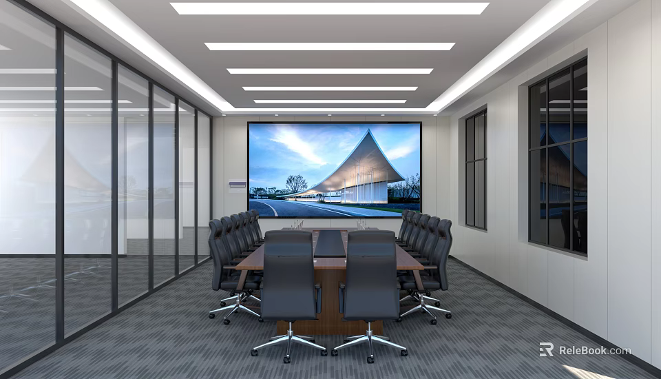Modern Conference Room Interior With Large Screen Display Glass Partitions And Office Chairs 3d model 