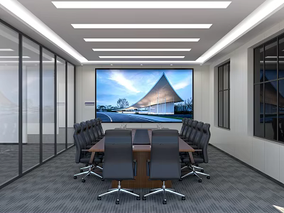 Modern Conference Room Interior With Large Screen Display Glass Partitions And Office Chairs 3d model