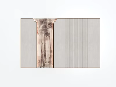 Modern Chinese Style Bedroom Accent Wall With Vertical Stripes And Mountain Painting 3d model