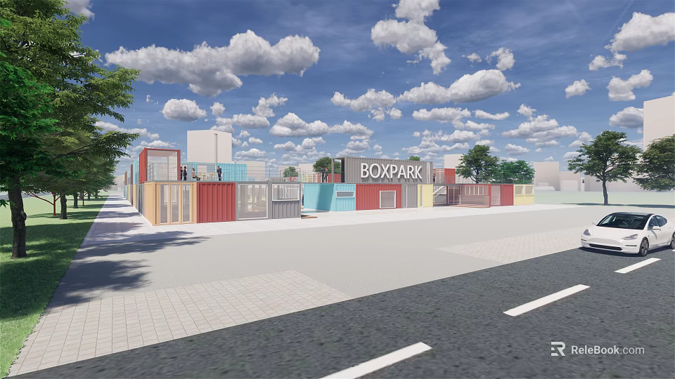 Colorful Container Buildings at BOXPARK Modern Commercial Retail Space with Trees and Open Sky 3d model 