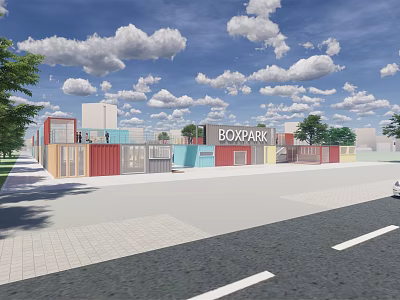 Colorful Container Buildings at BOXPARK Modern Commercial Retail Space with Trees and Open Sky 3d model