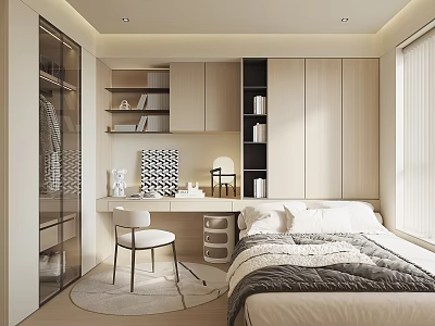 Modern Tatami Bedroom With Built In Wardrobe Study Desk And Storage Shelves 3d model