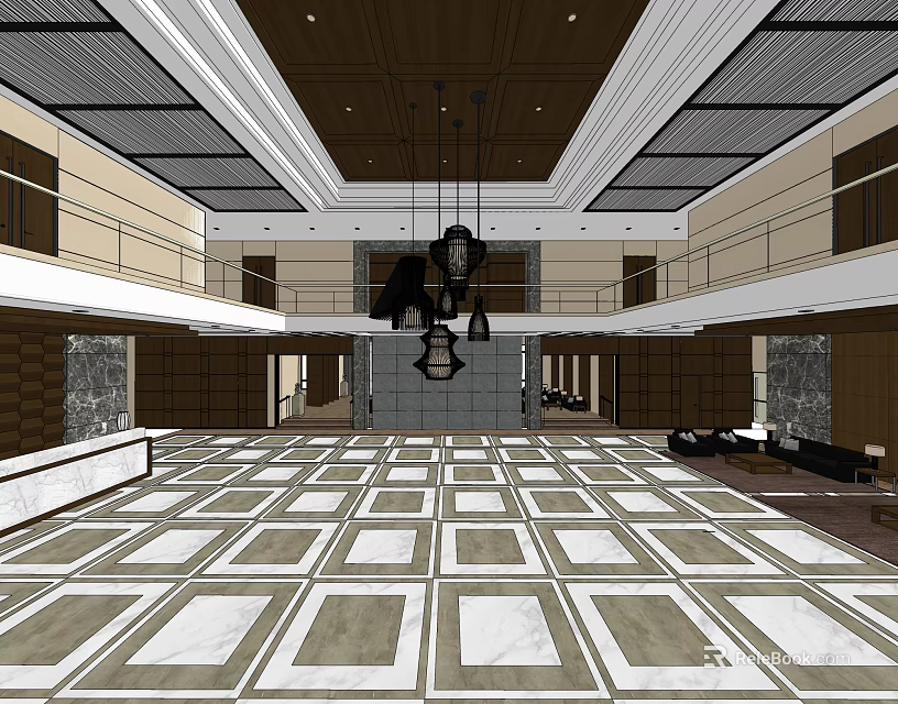 Front Desk Reception Lobby With Spacious Interior Marble Floor Wooden Ceiling And Hanging Pendant Lights 3d model 