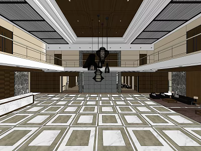 Front Desk Reception Lobby With Spacious Interior Marble Floor Wooden Ceiling And Hanging Pendant Lights 3d model