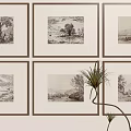 Framed Abstract Paintings Hanging On Wall With Brown Borders And Green Plant