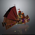 Ornate Castle Style Water Transport with Red Sails Colorful Towers and Shiny Reflection