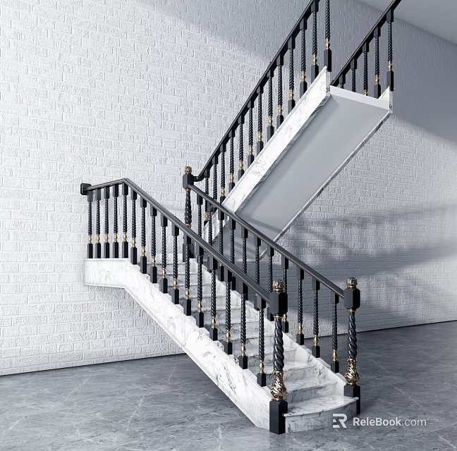 Modern Staircase with Black Handrail Gold Accents and Marble Steps Against White Brick Wall 3d model 