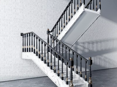 Modern Staircase with Black Handrail Gold Accents and Marble Steps Against White Brick Wall 3d model