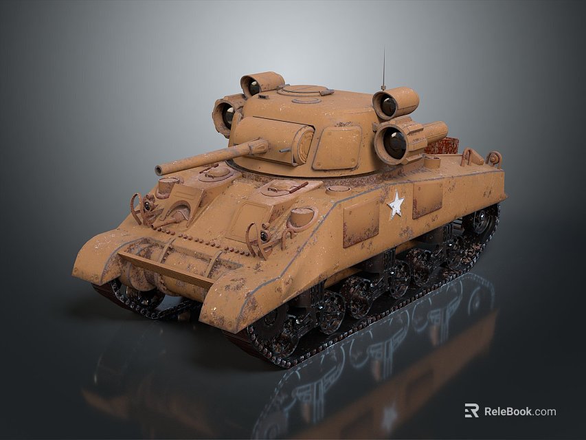 Weathered Tan Military Tank With Turret Cannon Tracks And White Star Insignia 3d model 