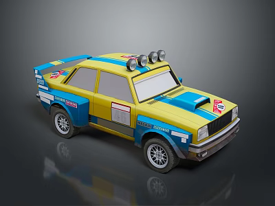 Yellow And Blue Rally Style Toy Car With Roof Lights And Decals 3d model
