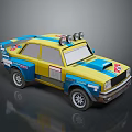 Yellow And Blue Rally Style Toy Car With Roof Lights And Decals