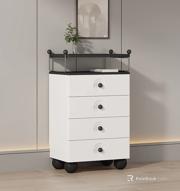 White Modern Chest of Drawers with Black Shelf Round Knobs Decorative Plant and Book 3d model 