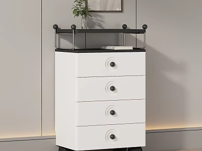 White Modern Chest of Drawers with Black Shelf Round Knobs Decorative Plant and Book 3d model