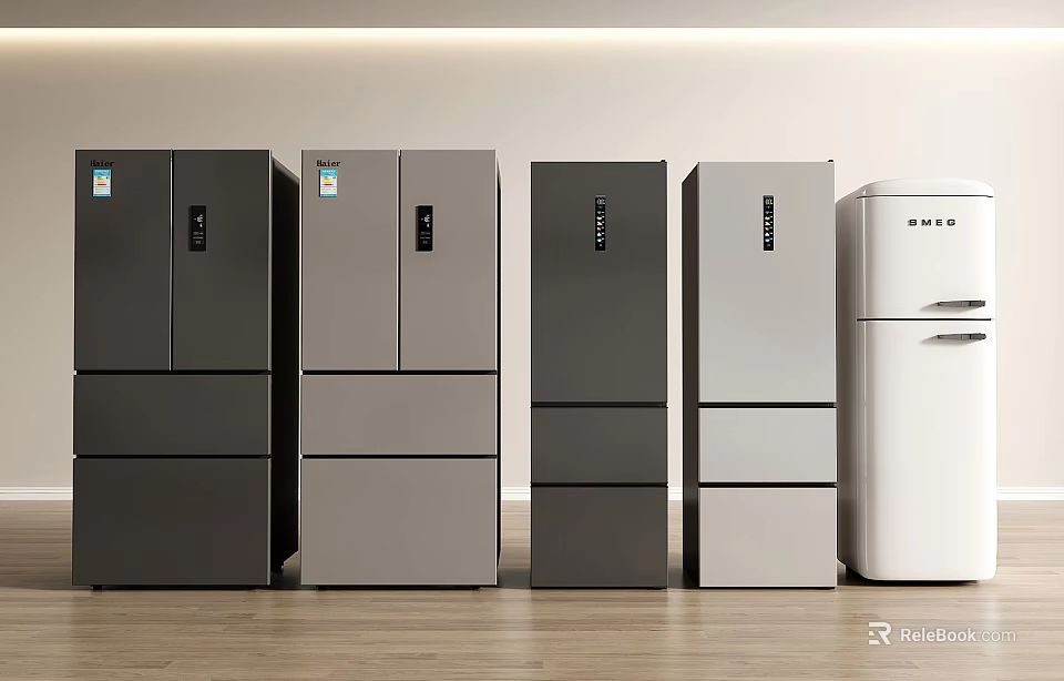 Assorted Modern Refrigerators And Freezers In Different Colors For Kitchen 3d model 