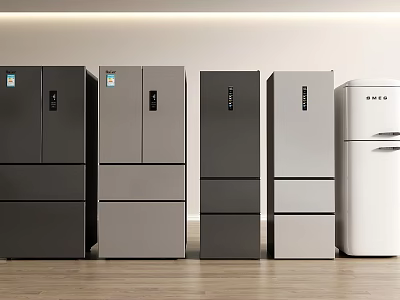 Assorted Modern Refrigerators And Freezers In Different Colors For Kitchen 3d model