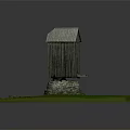 Wooden Tower Like Building With Stone Base On Green Grass Field And Benches