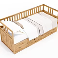 Wooden Single Bed with Railings White Mattress Bedding and Storage Drawers Below