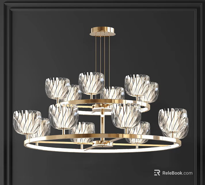 Modern Multi Tiered Crystal Chandelier With Petal Shaped Transparent Crystals And Golden Frame 3d model 