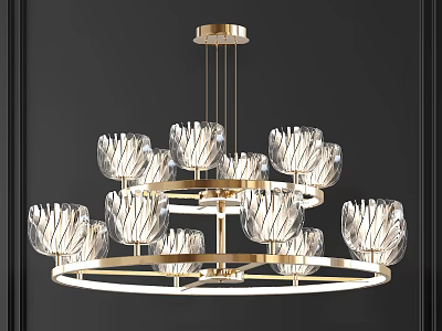Modern Multi Tiered Crystal Chandelier With Petal Shaped Transparent Crystals And Golden Frame 3d model