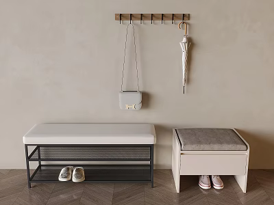Sofa Benches With Metal Frame White Gray Cushions Shoe Storage Wall Hooks Wooden Floor 3d model
