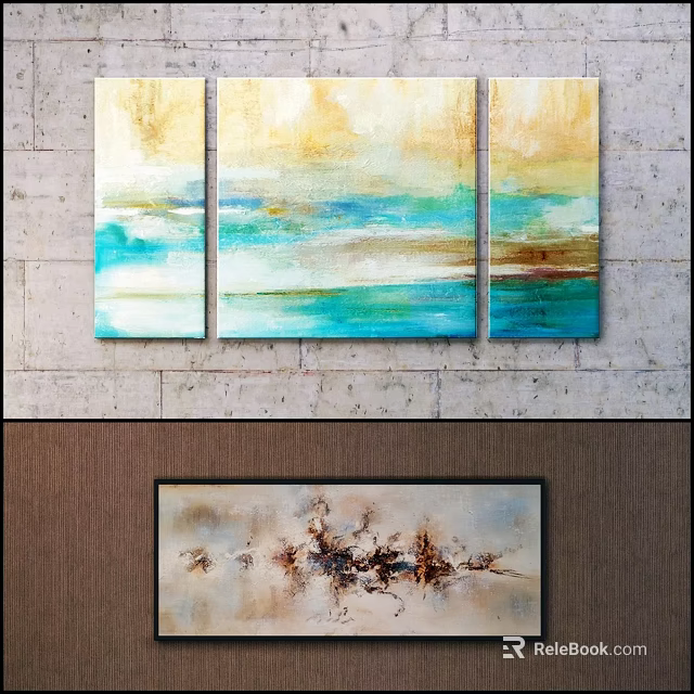 Abstract Oil Paintings Triptych Single Panel Featuring Golden Blue Teal Beige Brown Ocean Sky Texture 3d model 
