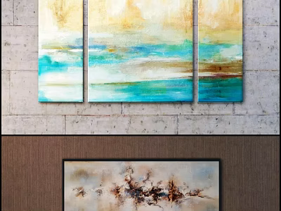 Abstract Oil Paintings Triptych Single Panel Featuring Golden Blue Teal Beige Brown Ocean Sky Texture 3d model
