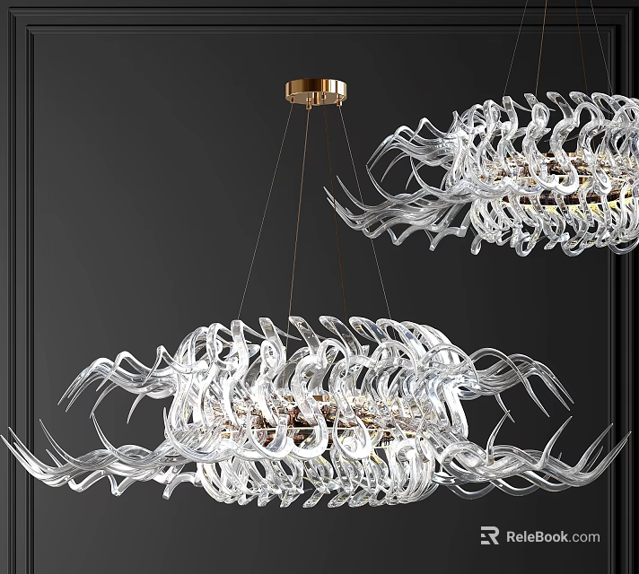Modern Twisted Transparent Crystal Chandelier With Golden Accents Hanging On Dark Wall 3d model 