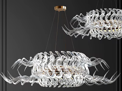 Modern Twisted Transparent Crystal Chandelier With Golden Accents Hanging On Dark Wall 3d model